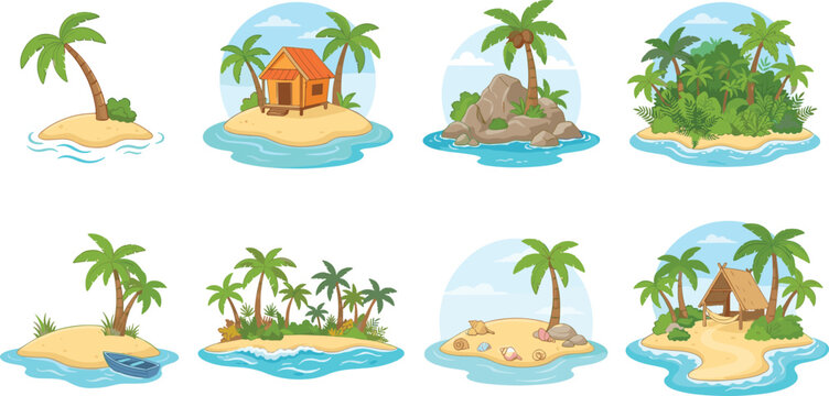 Tropical island vector set with palm trees beach sand bungalows rocks jungle and ocean water isolated icons.
