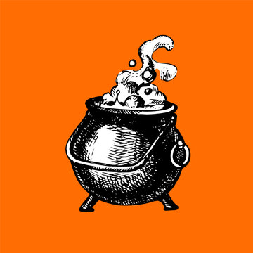 Halloween vintage hand drawn sticker witch hat. Traditional holiday collage element for greeting design. Retro sketch vector illustration.