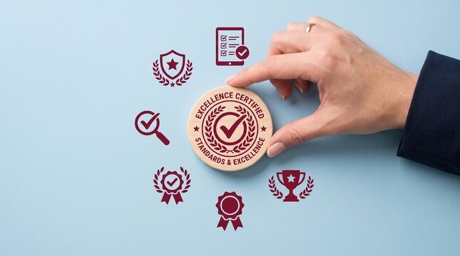 Excellence certified wooden seal held by hand, business quality standards and compliance icons on blue background, professional certification concept