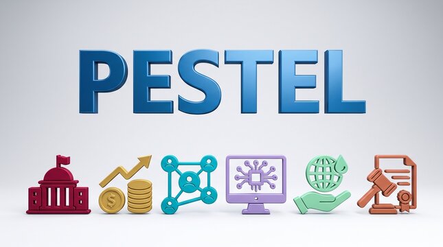 PESTEL analysis business framework, 3D strategic planning icons, macro-environmental marketing concept on white background