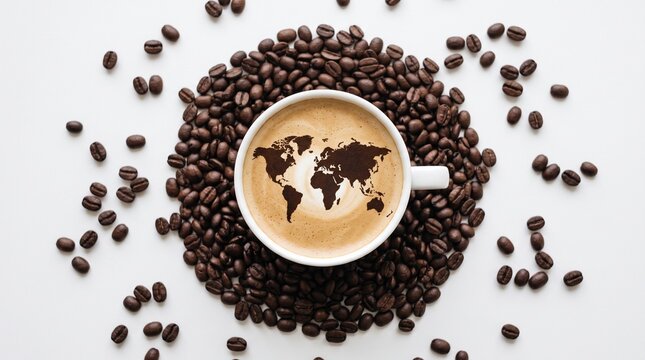 Global coffee concept with world map latte art, roasted coffee beans on white background, international trade and cafe culture