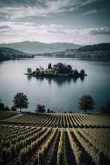 Naklejka premium Vineyard landscape with small island in lake. Rolling hills and mountains frame peaceful water scene. Island has building and trees under blue sky.
