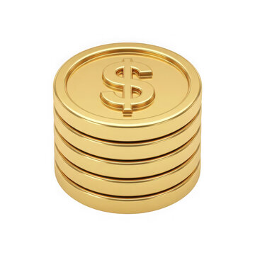 Stack of golden dollar coins with a dollar sign symbol isolated on transparent background