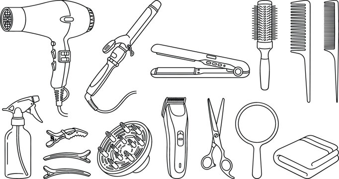 Professional Hair Salon and Barber Styling Tool Icon Set with Hair Dryer Curling Iron Straightener Scissors and Combs Line Art Graphic Designs