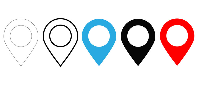 Location map pin vector icon set with outline and flat pointer symbols for navigation app design, gps placeholder markers and destination tags isolated on white background for web
