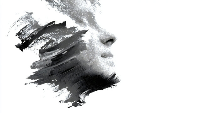 Minimalist monochrome conceptual portrait of a human face in side profile, partially dissolving into expressive black charcoal like brush strokes and scattered ink textures against a pure white 