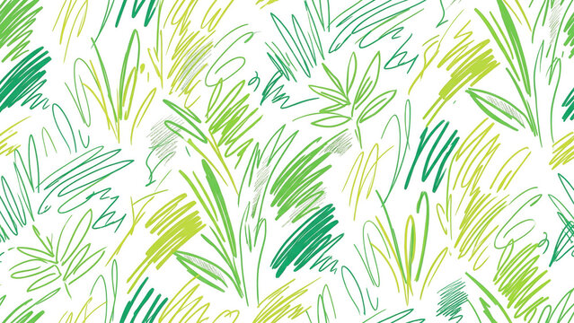 Seamless pattern with hand drawn green grass and leaves on a background, generated using ai