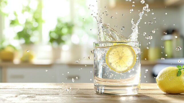Fresh lemon slice splashing in clear water glass