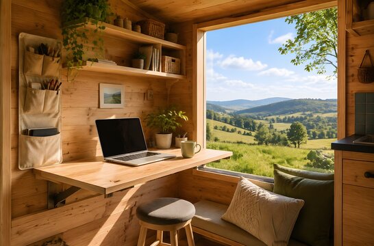 Tiny House Workspace with Fold Down Desk Laptop Tea Cup Shelves Wood Walls and Window