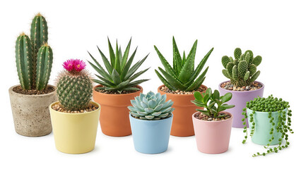 Fototapeta premium Collection of various small cacti and succulents in colorful pots on a generated using ai