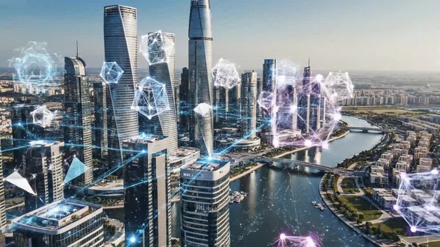 Futuristic city skyline with glowing data lines connecting modern skyscrapers