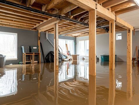 Flooded basement with standing water and exposed wooden beams