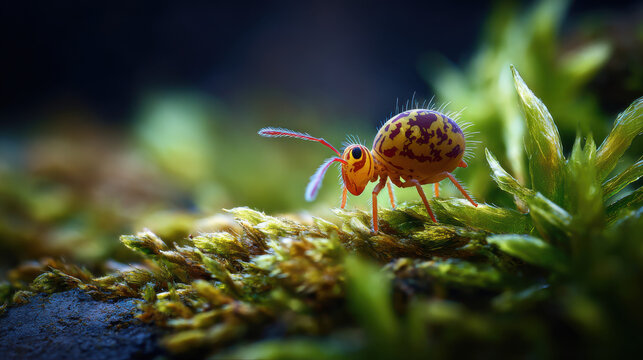macro shot of a springtail on vibrant green moss