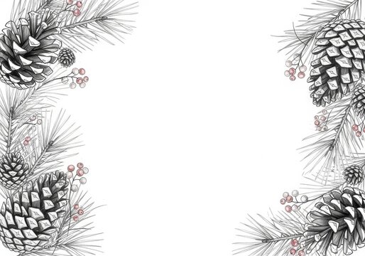 Hand drawn pinecone and fir branch decorative border frame