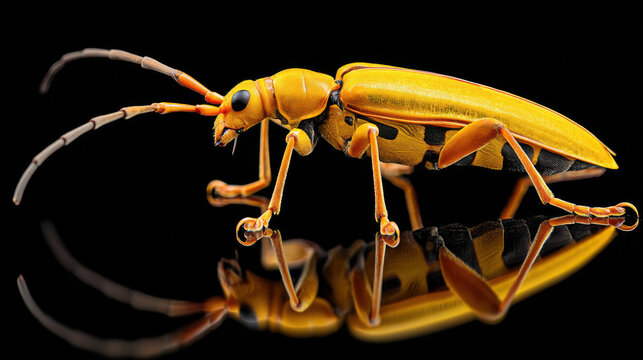 vibrant yellow longhorn beetle on a black surface