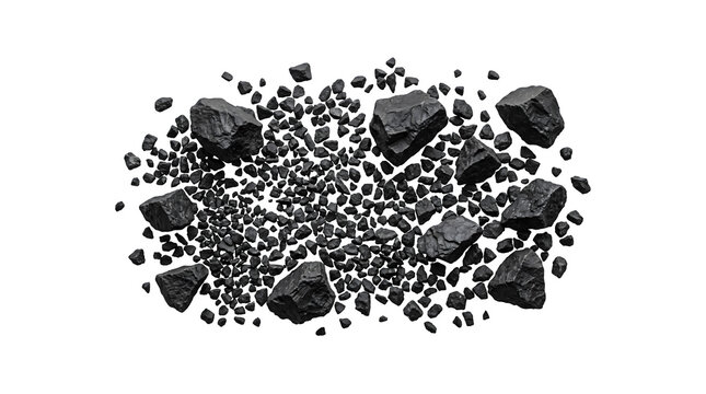Pile of Anthracite Coal Isolated on White Background. Shiny Black Rocks, Energy Source Concept. Industrial Fuel, Carbon Blocks, Raw Material.