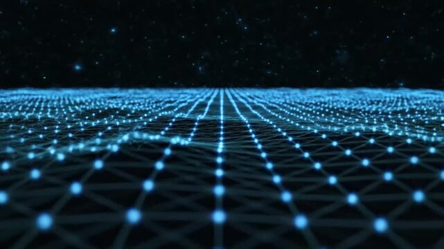 Futuristic digital network grid with glowing blue data points.