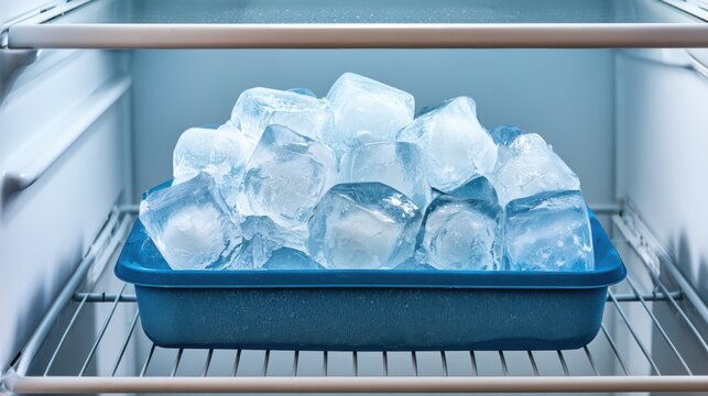 A tray filled with clear ice cubes inside a freezer, showcasing the chilly and frozen environment.
