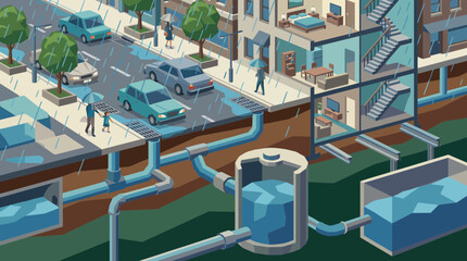 Fototapeta premium Urban Water Distribution System with Pipes and Storage Tanks