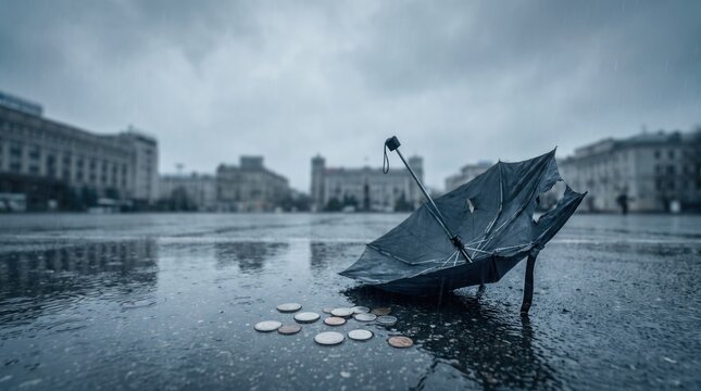Broken umbrella and scattered coins representing insufficient emergency fund and financial crisis.