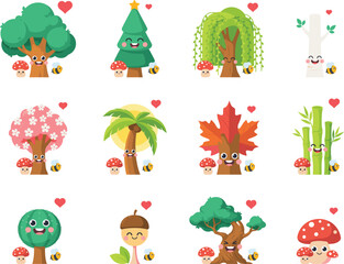 Fototapeta premium Cute Kawaii Tree Characters Icon Set Featuring Smiling Oak, Pine, Palm, Bamboo, and Mushroom Stickers for Kids Nature and Environment Designs