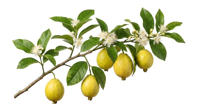 Yellow guava branch with ripe fruits, green leaves, and white flowers isolated on white background