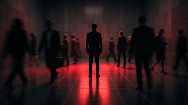 A crowd of businessman silhouettes with a focus on a single suspect for insider threat detection.