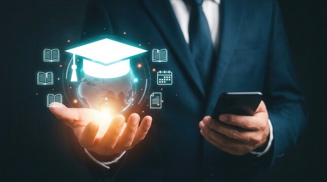 A professional businessman using a smartphone with digital education icons and a graduation cap hologram.