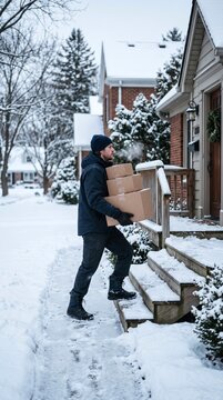 male courier delivering cardboard packages to house during winter snowstorm - ai generated