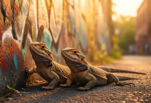 Urban wildlife and street art, two bearded dragons on asphalt next to a colorful graffiti wall at sunset