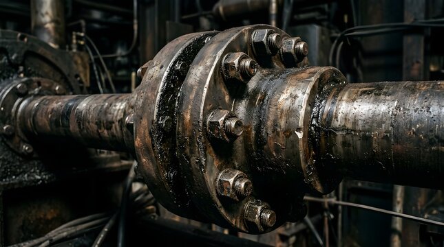 Heavy Industrial Steel Coupling Joint with Bolts and Greasy Surface Close Up