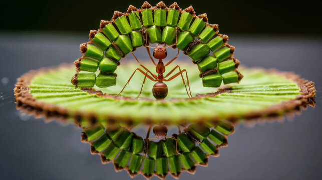 macro shot of a leaf-cutting ant carrying a leaf