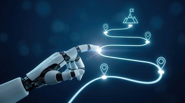 Strategic planning for innovative product development shown through a robotic hand and technology roadmap.