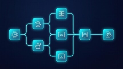Fototapeta premium Digital process automation concept shown through an intelligent system integration workflow diagram with bot and data icons.