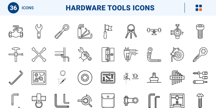 Hardware tools line icon set. Vector pictograms of fasteners, hex keys, hand tools, and mechanical assembly elements, thin linear illustration.