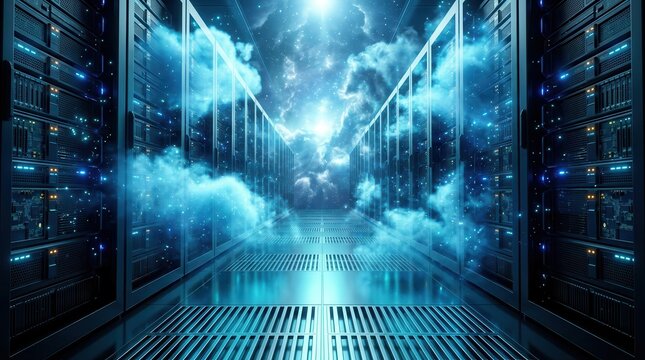 Digital strategy and SaaS solutions represented by cloud servers in a futuristic data center.