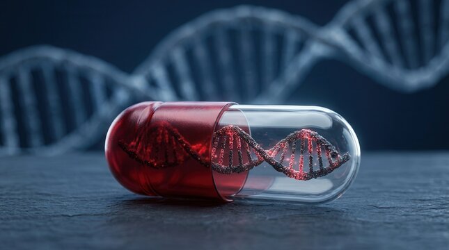 DNA helix fragment inside a transparent capsule symbolizing gene-based vaccine delivery and immunotherapy.