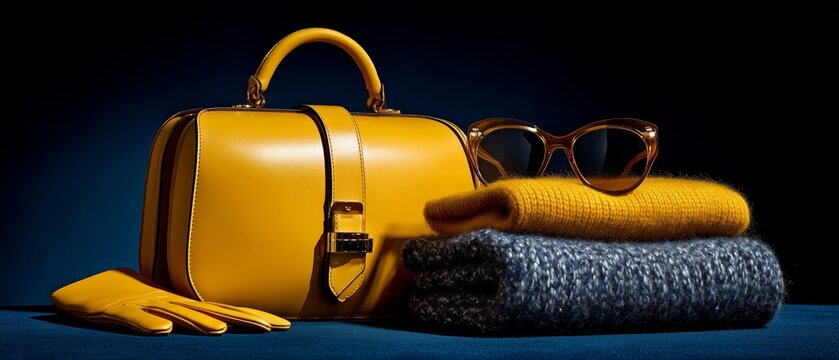 luxury yellow leather handbag with stylish sunglasses and knit accessories banner