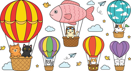 Cute Kawaii Cat and Kitten Vector Illustration Set Flying in Colorful Hot Air Balloons Fish Zeppelin and Heart Aircraft for Kids Room Decor Nursery Wall Art © monira