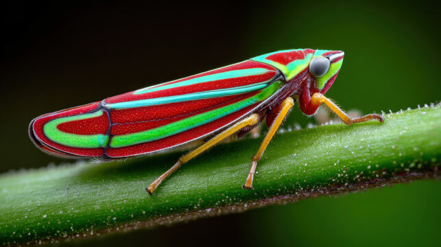 vibrant red-banded leafhopper on a neon background