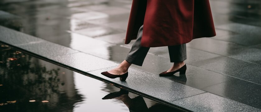 stylish woman in burgundy coat stepping over water puddle urban fashion banner