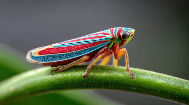 vibrant red-banded leafhopper on a neon background