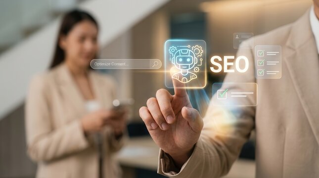 A person using AI and SEO tools for advanced digital marketing.