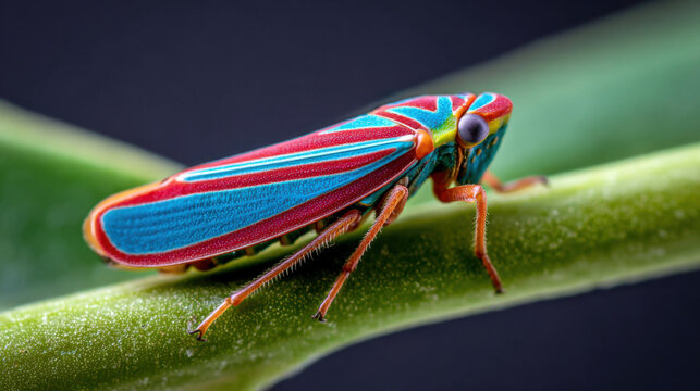 vibrant red-banded leafhopper on a neon background