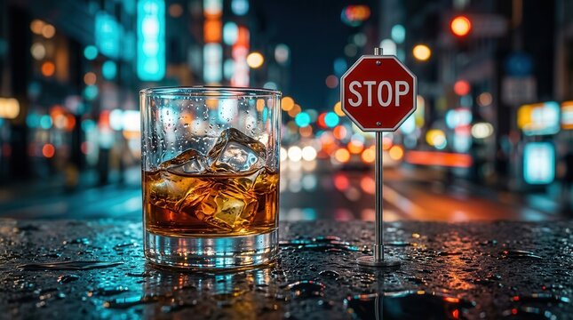 Conceptual image of a whiskey glass with ice and a stop sign representing alcohol cessation.