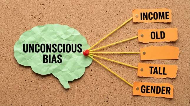 Unconscious bias concept with paper brain, psychological prejudice diagram on cork background, cognitive diversity and inclusion