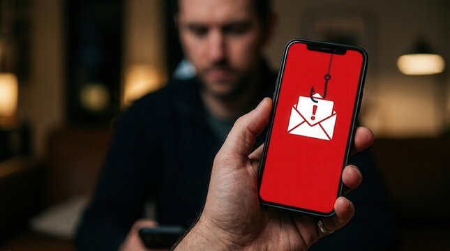 A person holding a mobile phone with a phishing email alert and security warning.