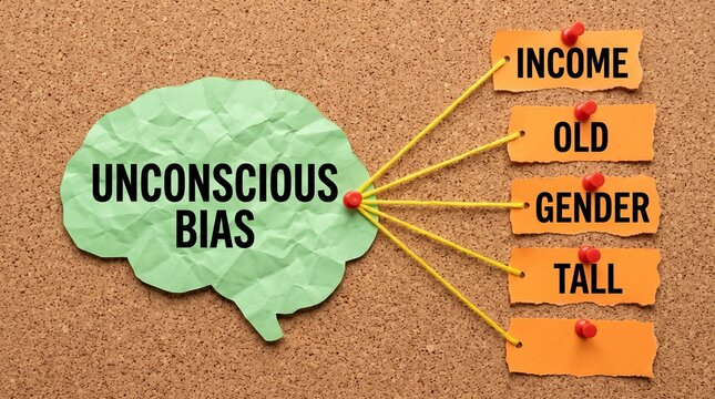 Unconscious bias concept on cork board, brain shape paper with income old gender and tall labels, psychological prejudice and diversity
