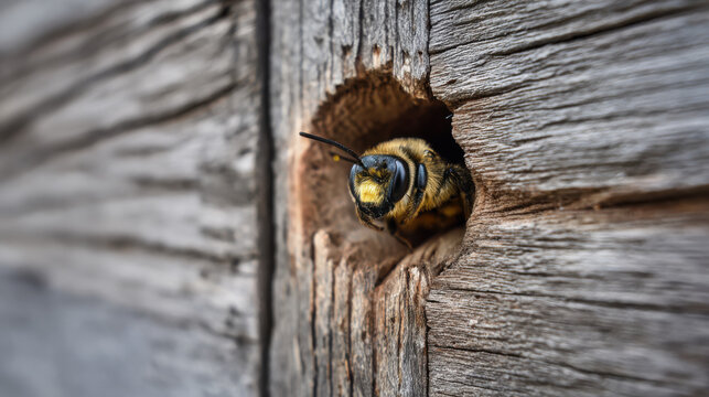 close-up of a carpenter bee entering its nest