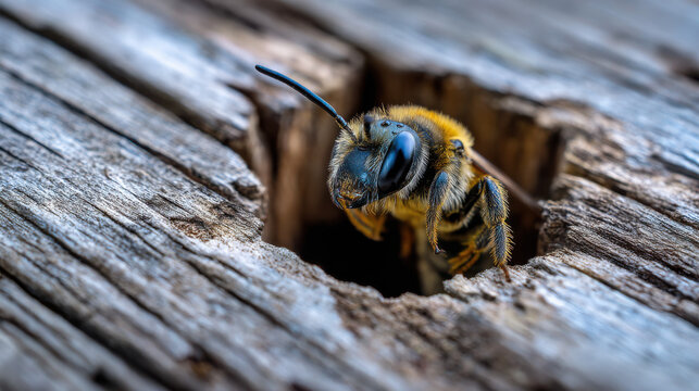 close-up of a carpenter bee entering its nest